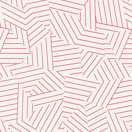 Deconstructed Stripe wallpaper in red by Schumacher, featuring an abstract geometric stripe pattern on a light background.