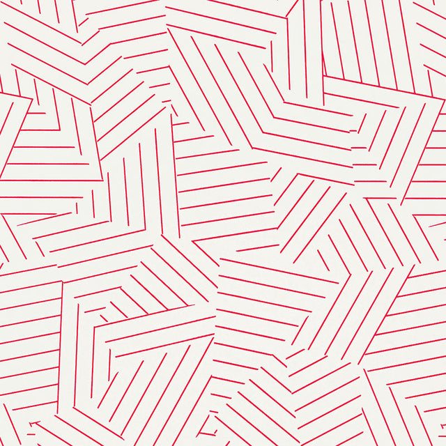 Deconstructed Stripe wallpaper in red by Schumacher, featuring an abstract geometric stripe pattern on a light background.