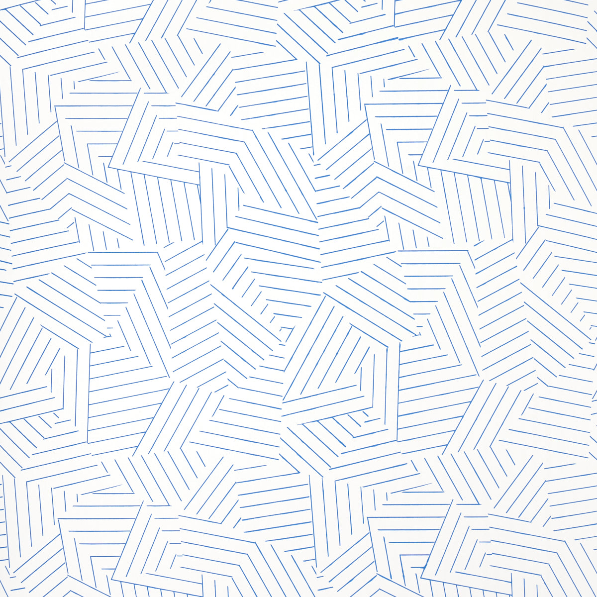 Deconstructed Stripe wallpaper in cobalt blue by Schumacher, modern geometric linear pattern, shown in room and detail views