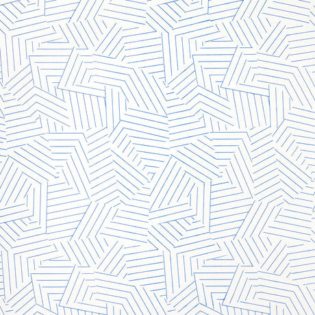 Deconstructed Stripe wallpaper in cobalt blue by Schumacher, modern geometric linear pattern, shown in room and detail views