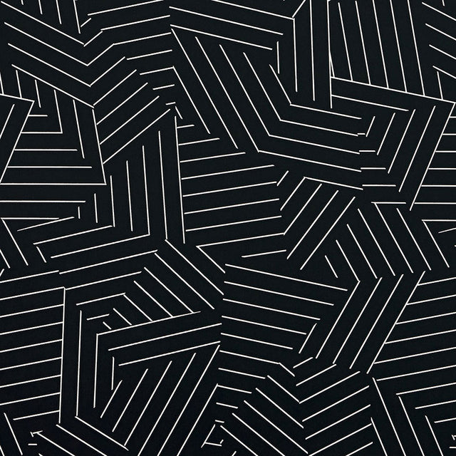Deconstructed Stripe wallpaper in ivory on black by Schumacher, featuring a modern geometric stripe pattern.