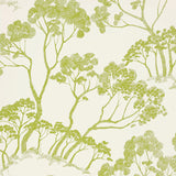 Green leafy tree sketch pattern wallpaper, Schumacher TIMBER! in Leaf colorway, nature-inspired wallcovering.
