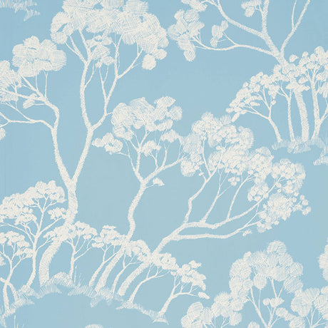 Timber! wallpaper in Cloud by Schumacher features a hand-drawn tree motif in a soft blue and white colorway, perfect for adding a natural, artistic touch to interiors.