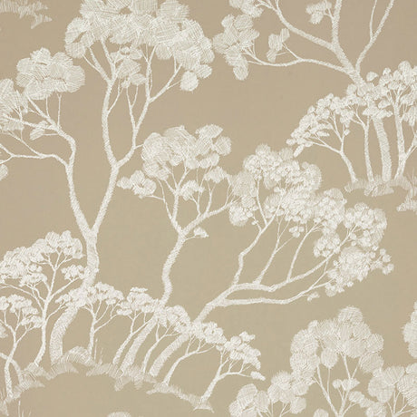 Timber! wallpaper in a natural colorway featuring a hand-drawn tree motif by Schumacher.