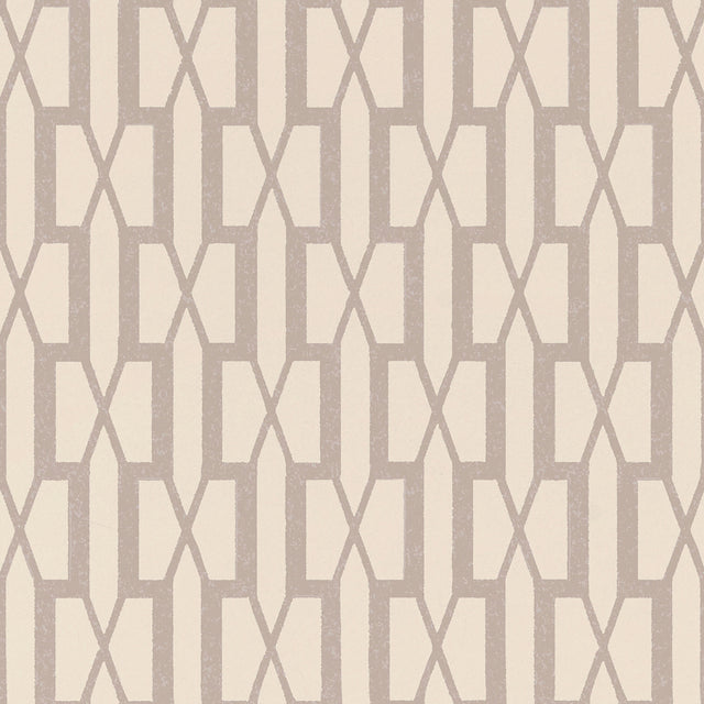 Belvedere Lilac Trellis Geometric Wallpaper by Schumacher, designed by Veere Grenney, shown in a styled interior and close-up pattern view.