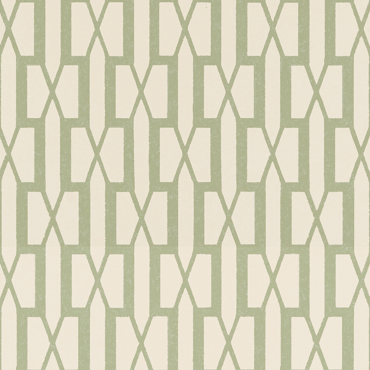 Belvedere Sage geometric trellis wallpaper by Schumacher, designed by Veere Grenney, shown in a styled interior and close-up pattern view.