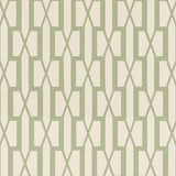 Belvedere Sage geometric trellis wallpaper by Schumacher, designed by Veere Grenney, shown in a styled interior and close-up pattern view.