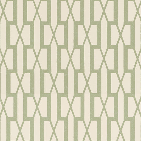 Belvedere Sage geometric trellis wallpaper by Schumacher, designed by Veere Grenney, shown in a styled interior and close-up pattern view.