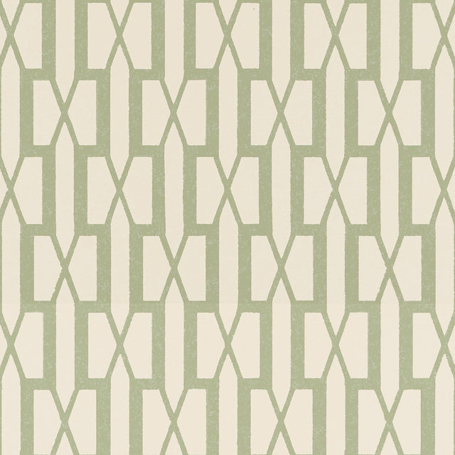 Belvedere Sage geometric trellis wallpaper by Schumacher, designed by Veere Grenney, shown in a styled interior and close-up pattern view.