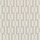 Belvedere Orpington Blue trellis geometric wallpaper by Schumacher, designed by Veere Grenney, shown in a styled interior and close-up pattern view.