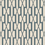 Belvedere Peacock Blue geometric trellis wallpaper by Veere Grenney for Schumacher, shown in a styled interior and close-up pattern view.