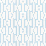 Belvedere Sky by Veere Grenney for Schumacher - geometric trellis pattern wallpaper in light blue and white, styled in various interior settings.