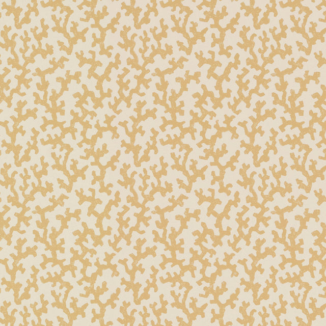 FOLLY wallpaper in Straw by Schumacher, designed by Veere Grenney. Allover coral-like pattern in yellow on cream background.