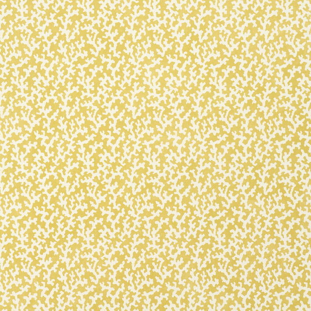 FOLLY wallpaper in Mimosa by Veere Grenney for Schumacher, coral-like yellow and white pattern, shown in a bathroom interior and close-up views.
