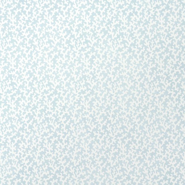 FOLLY Sky by Veere Grenney for Schumacher, coral-inspired blue and white wallpaper in a bathroom setting