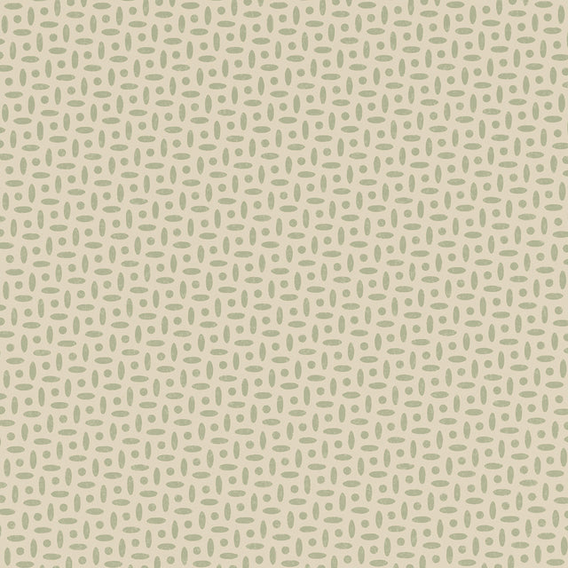 Berrydown Sage by Veere Grenney for Schumacher, small-scale hand-blocked geometric wallpaper in green on cream.
