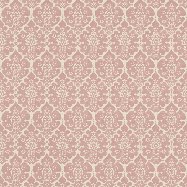 Burley Pink by Veere Grenney, a charming floral lattice wallpaper with hand-blocked exotic pattern for Schumacher.