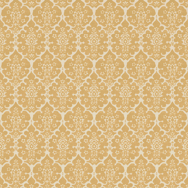 Burley Straw by Veere Grenney for Schumacher - floral lattice wallpaper in straw yellow, hand-blocked exotic pattern