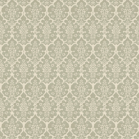 Burley Sage by Veere Grenney for Schumacher - elegant floral lattice wallpaper in a soft sage green, shown in a classic bedroom setting.