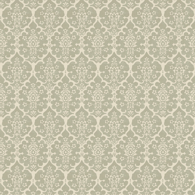 Burley Sage by Veere Grenney for Schumacher - elegant floral lattice wallpaper in a soft sage green, shown in a classic bedroom setting.