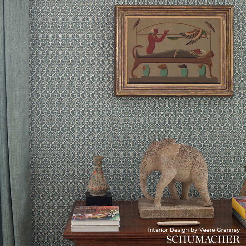 Burley Orpington Blue by Veere Grenney Floral Lattice Wallpaper – Schumacher 5008034