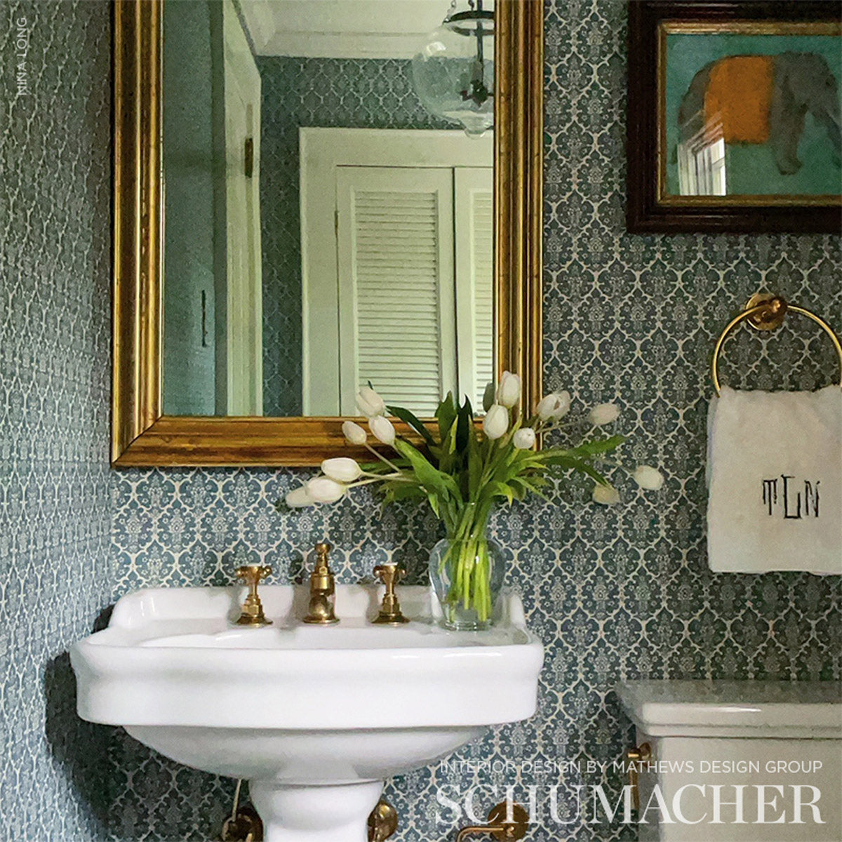 Burley Peacock Blue by Schumacher Veere Grenney Floral Lattice Wallpaper – Schumacher 5008035
