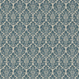 Burley Peacock Blue wallpaper by Schumacher, a floral lattice hand-blocked design in blue and cream, styled in a bathroom interior.