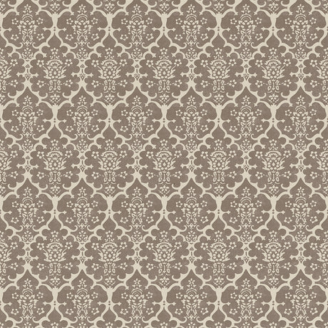 Burley wallpaper in Berber Brown by Veere Grenney for Schumacher, a floral lattice hand-blocked design.