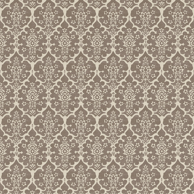 Burley wallpaper in Berber Brown by Veere Grenney for Schumacher, a floral lattice hand-blocked design.