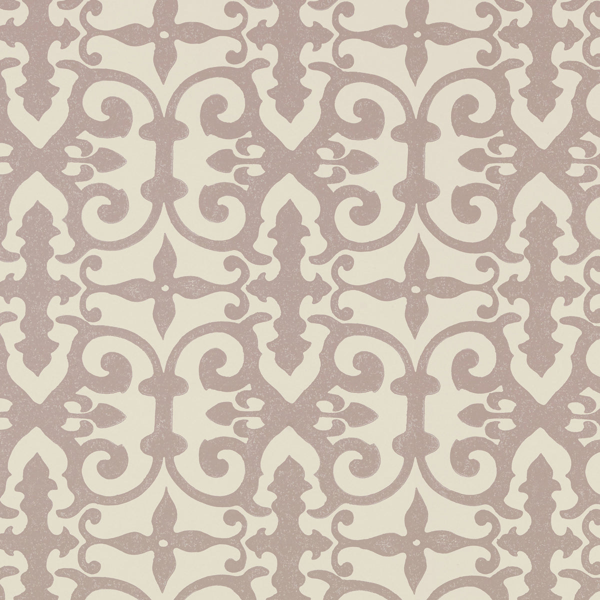 Ferne Park wallpaper in lilac by Schumacher, featuring an intricate and highly decorative hand-blocked pattern.