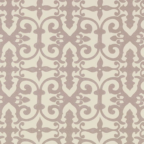 Ferne Park wallpaper in lilac by Schumacher, featuring an intricate and highly decorative hand-blocked pattern.