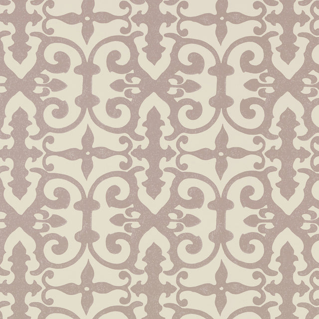 Ferne Park wallpaper in lilac by Schumacher, featuring an intricate and highly decorative hand-blocked pattern.