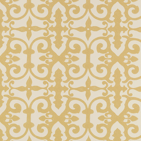 Ferne Park wallpaper in Straw by Schumacher, an intricate and highly decorative hand-blocked pattern in yellow and cream.