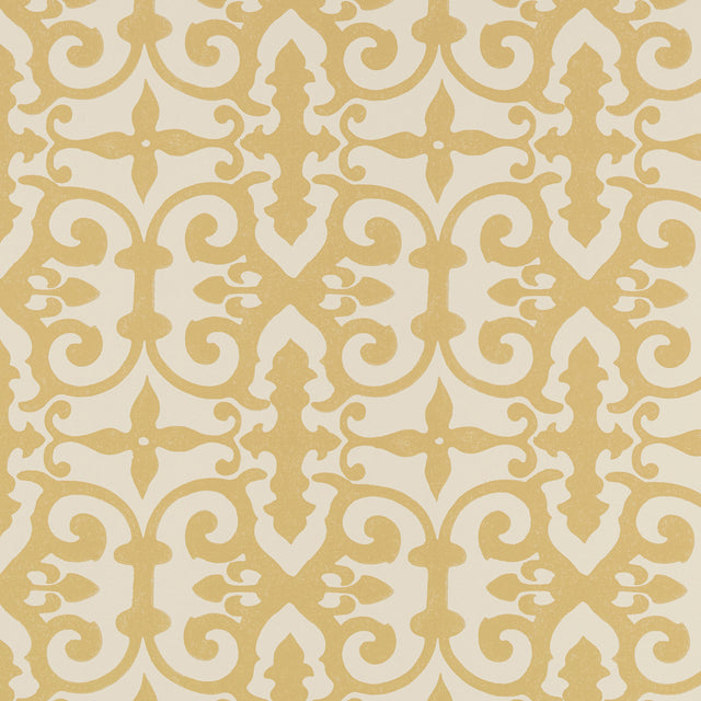 Ferne Park wallpaper in Straw by Schumacher, an intricate and highly decorative hand-blocked pattern in yellow and cream.