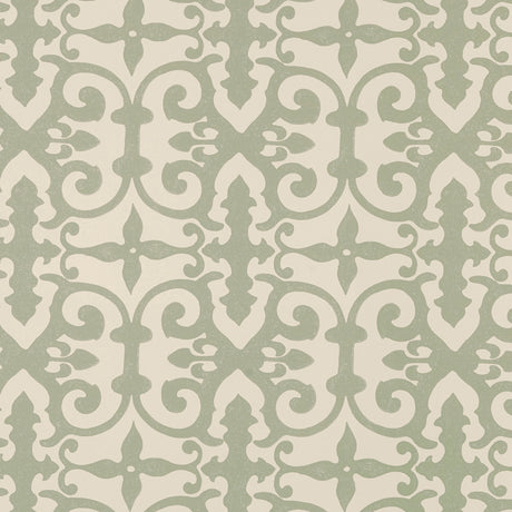 Ferne Park intricate decorative sage green and cream wallpaper by Schumacher