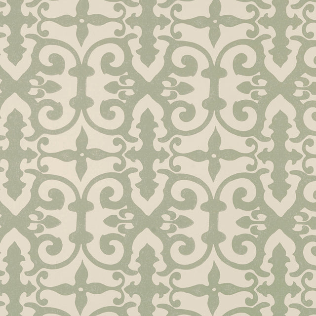 Ferne Park intricate decorative sage green and cream wallpaper by Schumacher