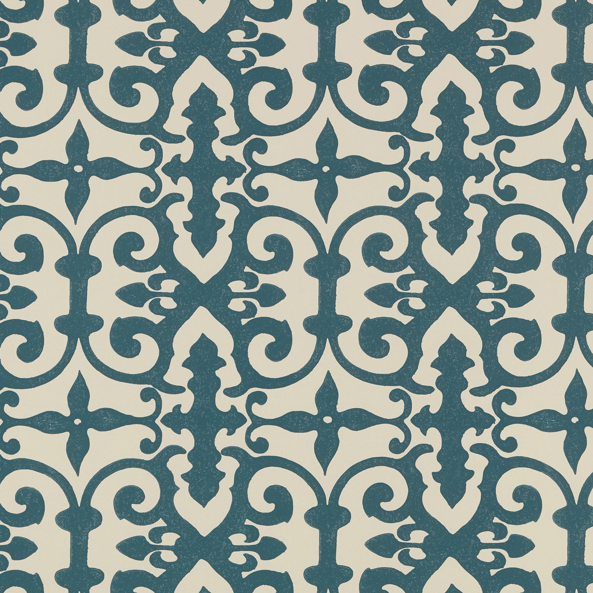 Ferne Park intricate decorative peacock blue wallcovering by Schumacher, designed by Veere Grenney