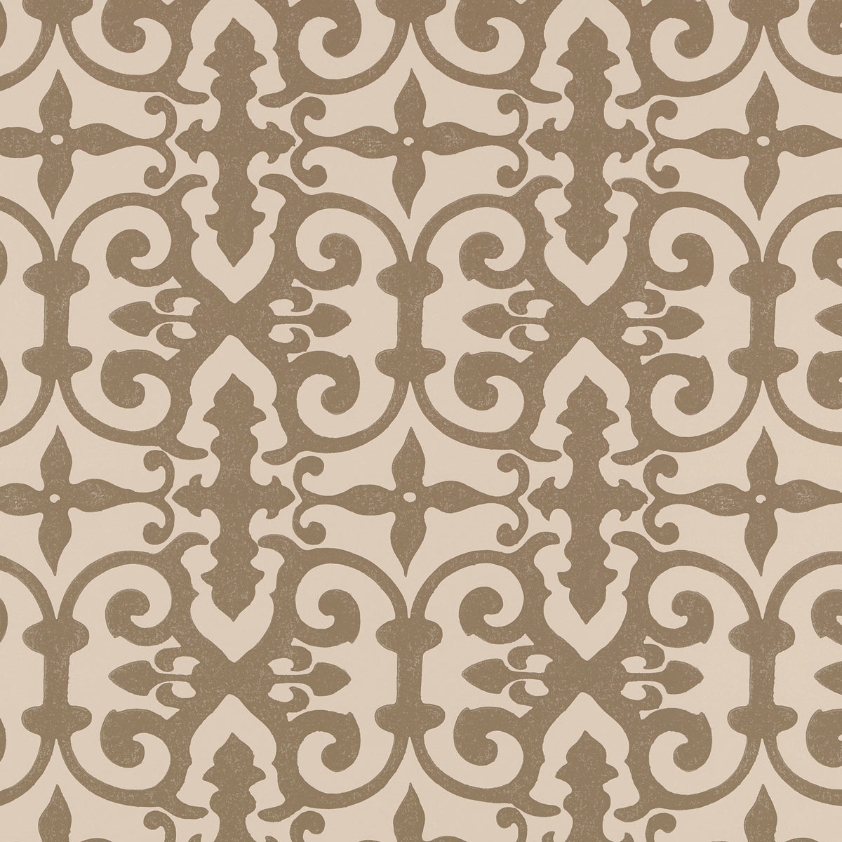 Ferne Park wallpaper in Berber Brown by Schumacher, featuring an intricate hand-blocked decorative pattern designed by Veere Grenney.