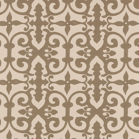 Ferne Park wallpaper in Berber Brown by Schumacher, featuring an intricate hand-blocked decorative pattern designed by Veere Grenney.