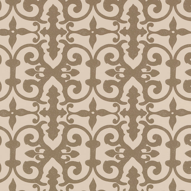 Ferne Park wallpaper in Berber Brown by Schumacher, featuring an intricate hand-blocked decorative pattern designed by Veere Grenney.