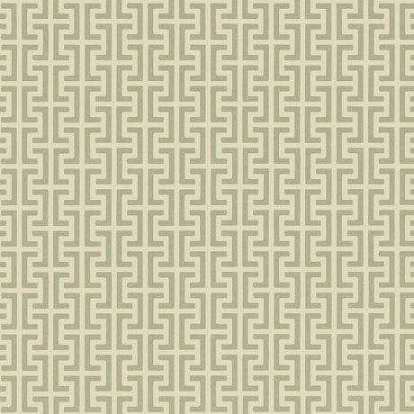TEMPLE Sage by Schumacher, a Greek key inspired small-scale geometric wallpaper in sage green and cream.