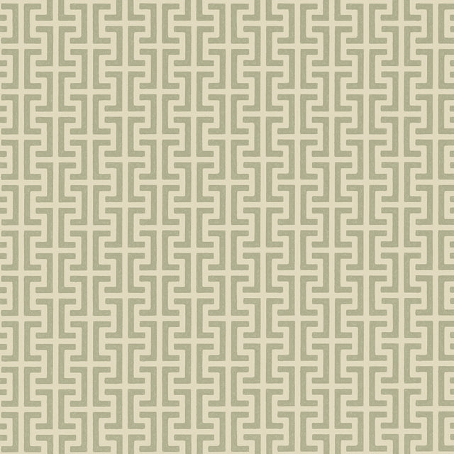 TEMPLE Sage by Schumacher, a Greek key inspired small-scale geometric wallpaper in sage green and cream.
