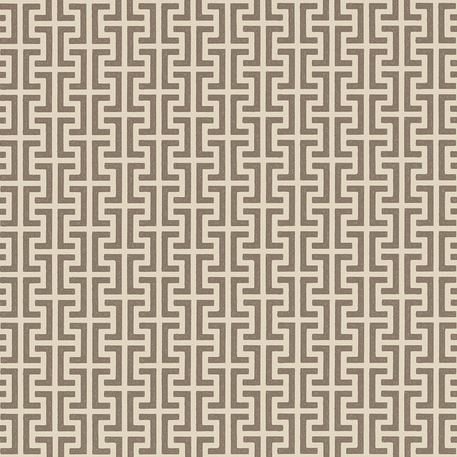 TEMPLE wallpaper in Berber Brown by Schumacher, a small-scale Greek key motif design from the Veere Grenney collection.