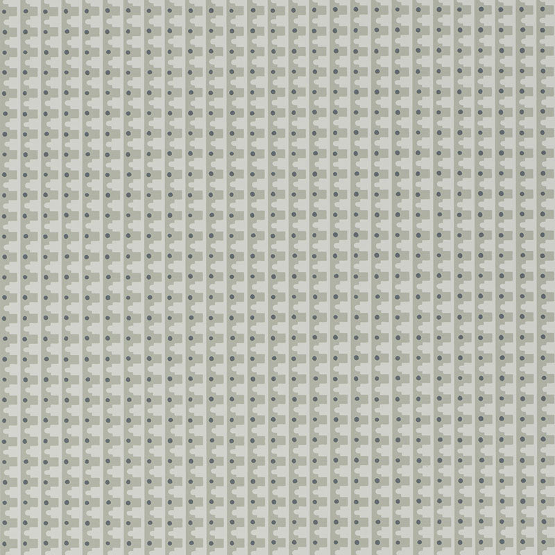 MILO wallpaper in Sobek by Schumacher, designed by David Oliver. Ogee-like scallops and graphic dots in a charming stripe pattern.