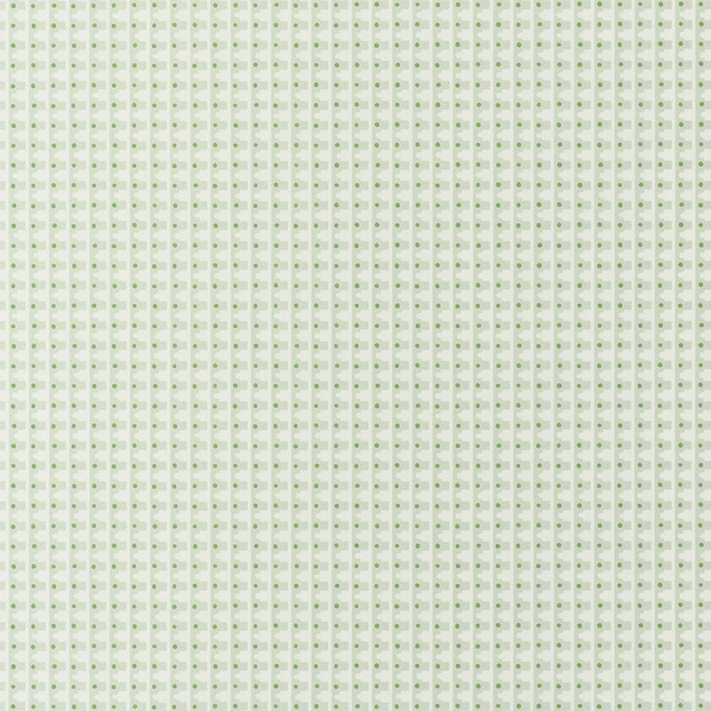 MILO wallpaper in Chelsea Green by Schumacher, designed by David Oliver. Ogee-like scallops and graphic dots in a charming stripe pattern.
