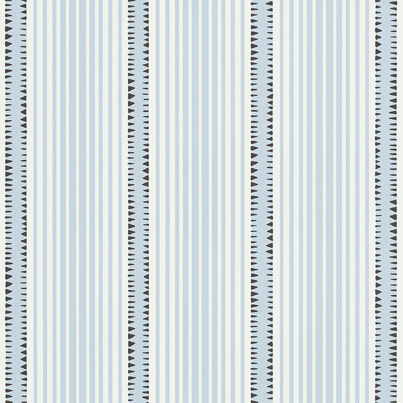 Moncorvo Le Mirage wallpaper by Schumacher featuring vertical blue and white stripes with black geometric accents.