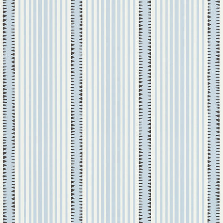 Moncorvo Le Mirage wallpaper by Schumacher featuring vertical blue and white stripes with black geometric accents.