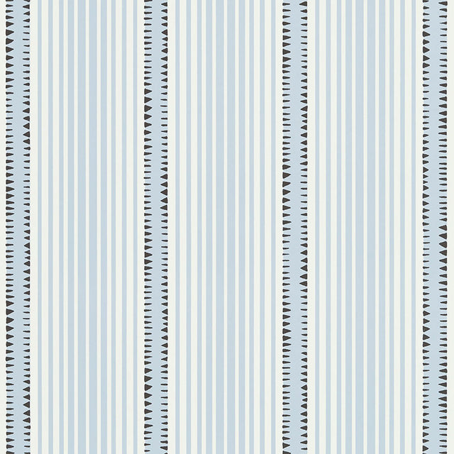 Moncorvo Le Mirage wallpaper by Schumacher featuring vertical blue and white stripes with black geometric accents.