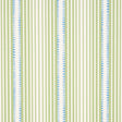 Moncorvo wallpaper in green and blue by Schumacher, featuring vertical stripes and geometric accents, styled in a modern interior setting.