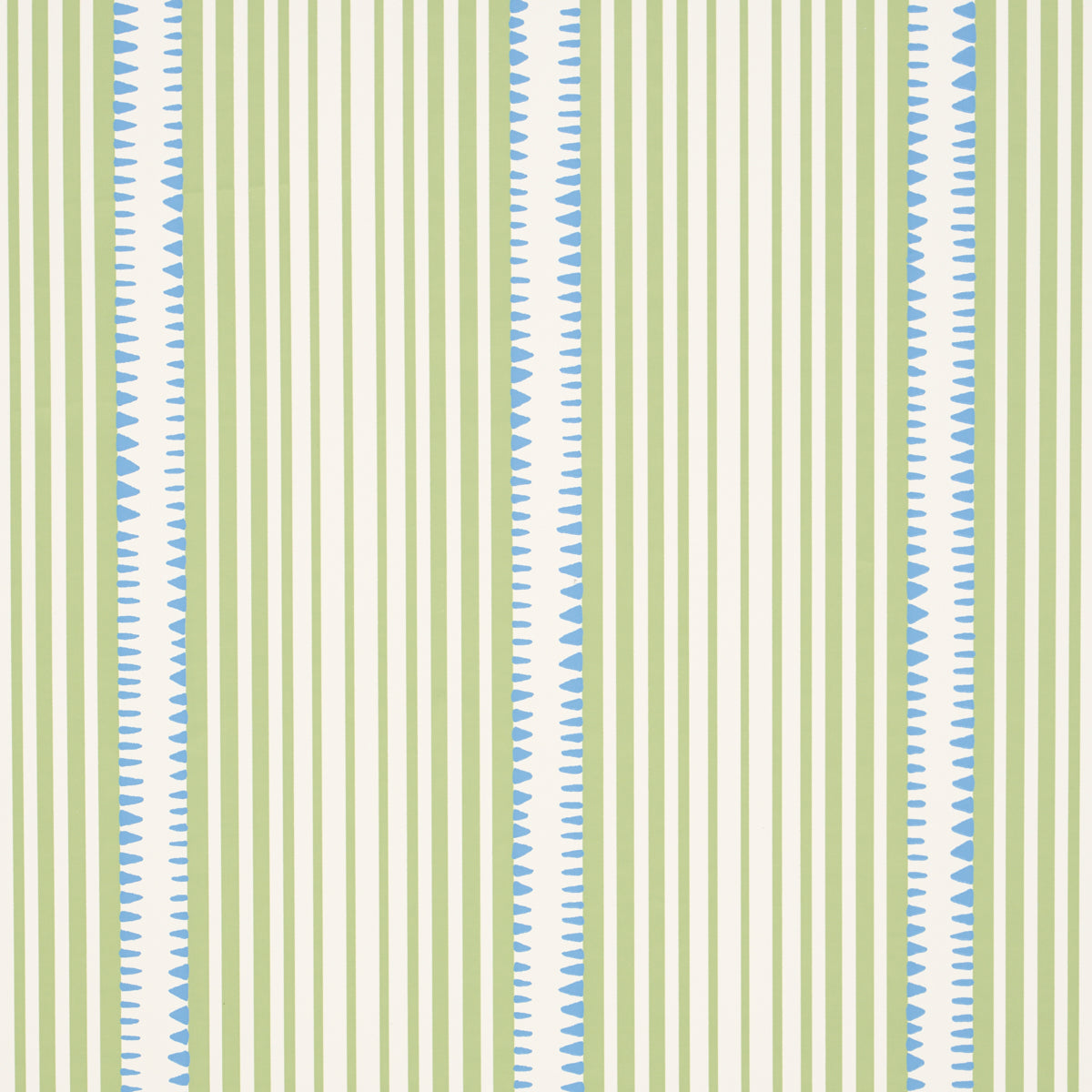 Moncorvo wallpaper in green and blue by Schumacher, featuring vertical stripes and geometric accents, styled in a modern interior setting.
